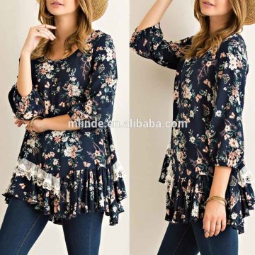 Women Elastic Wrists Asymmetrical Sheer Crochet Paneling Chic Blouse Floral Print Handkerchief Ruffled Hem Tunic And Shirt