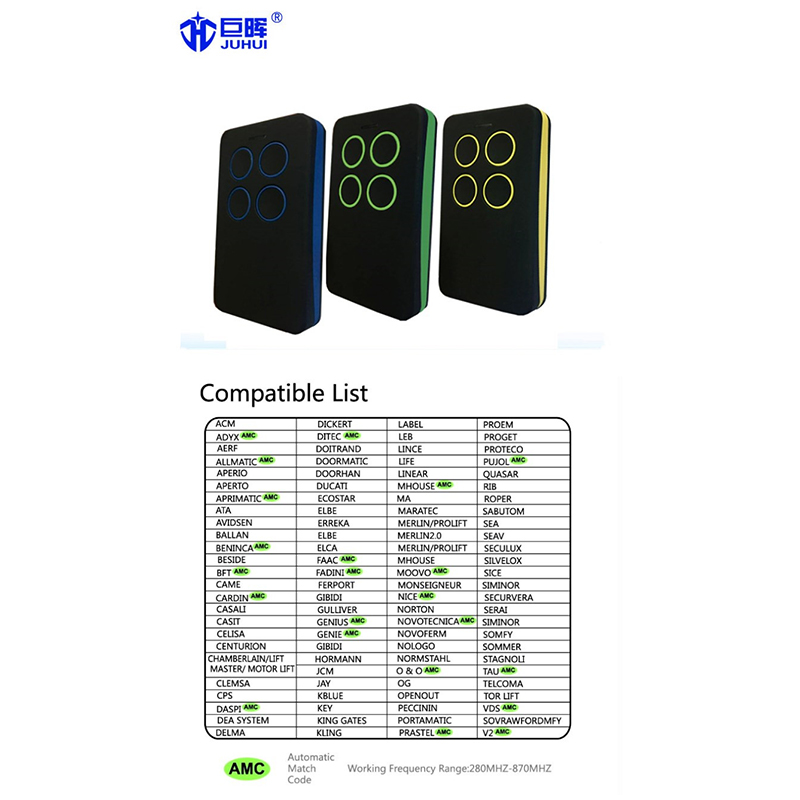 Universal Waterproof 280MHz-870MHz Multi-code Multi-color Remote Control for Auto Gate