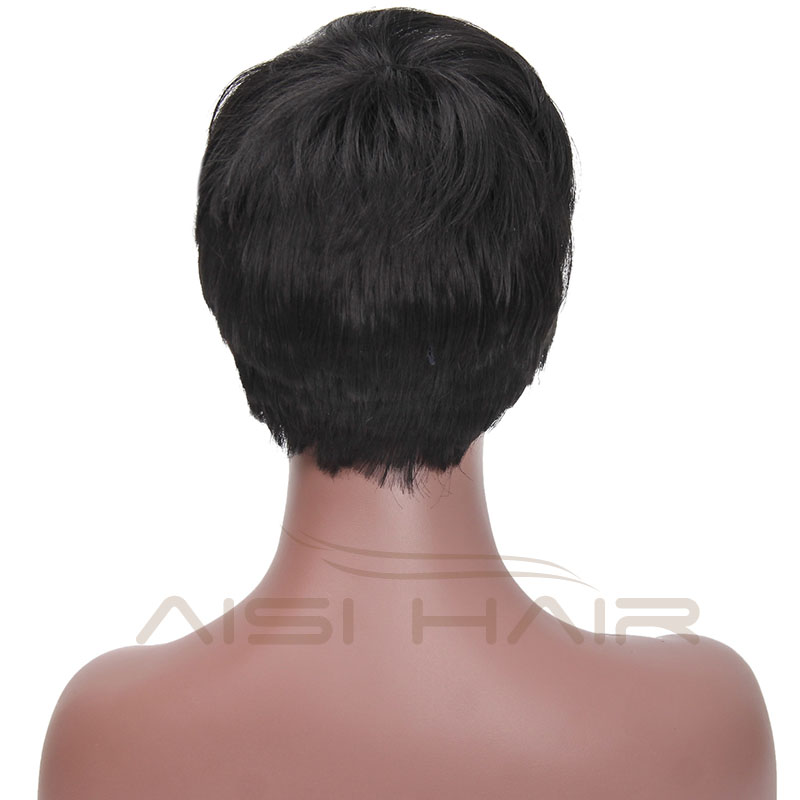 Aisi Hair Most Popular Short Straight Wig Natural Black Wigs with Red Bang Synthetic Pixie Cut Wig for Women