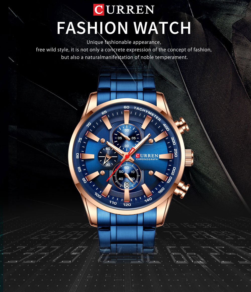 CURREN 8351 Chronograph Wrist Watch Blue Quartz Men Watch Stainless Steel Fashion Luminous Relogio Masculino