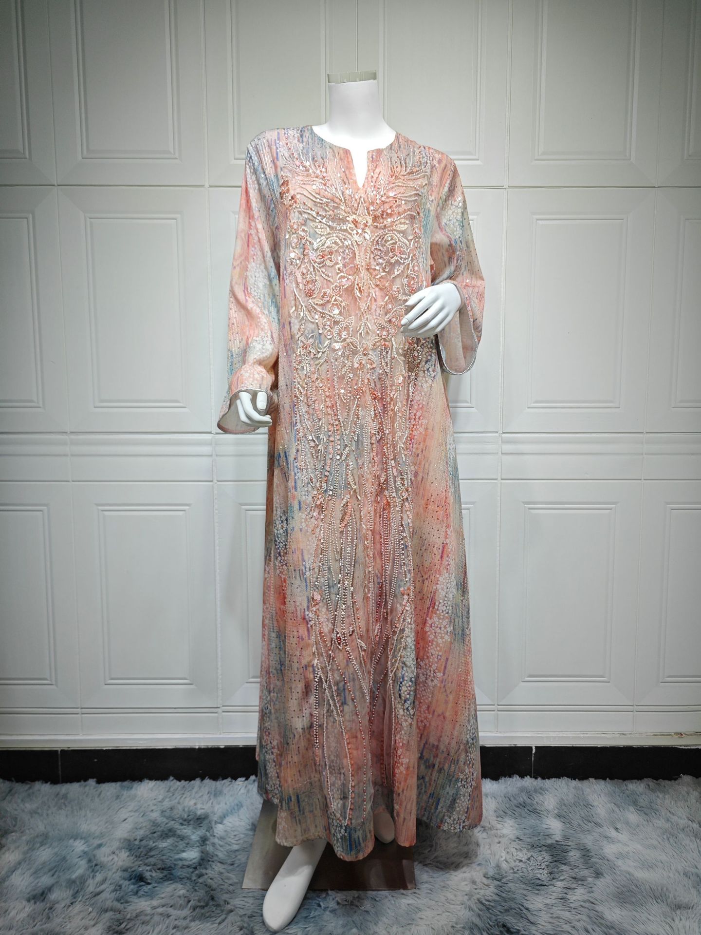 لباس مهره دار پولک دار لوکس Abaya Jalabiya AB560 (14) Luxury Sequined Beaded Abaya Jalabiya Dress AB560 (14)