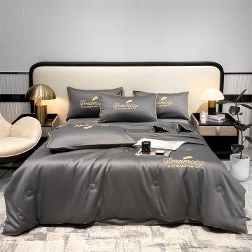 Luxury Embroidered Satin Silk 4 Piece Quilted Bedding Set with Silky Cotton Sheets