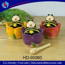 Honeybee & flower shaped ceramic honey pot,honey canister,honey jar with wooden dipper