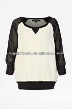 Round Neck Cotton-Blend Raglan Sweatshirt with Chiffon Sleeve
