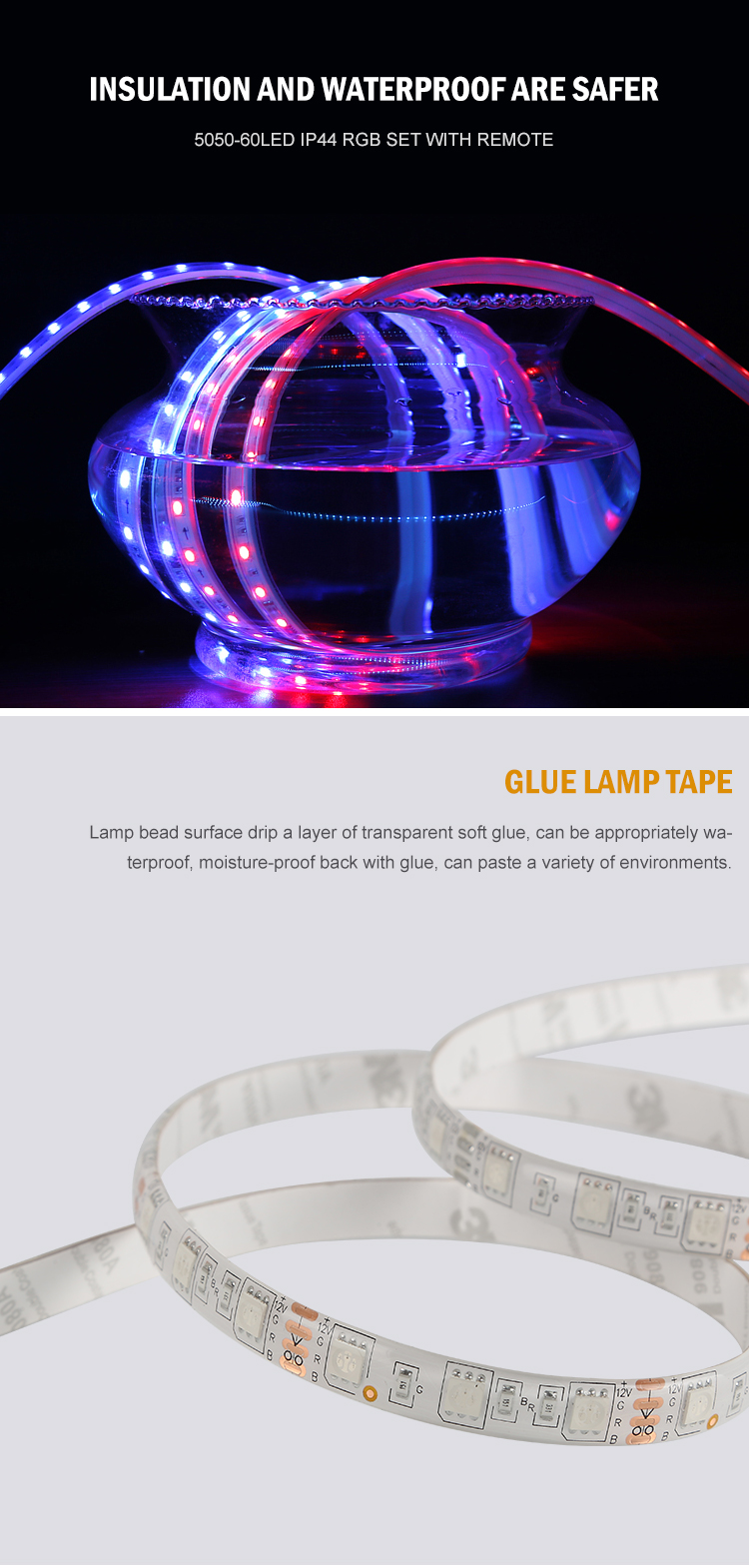 Smart Waterproof 5050 Color Changing DIY Flexible RGB LED Strip Light with Remote for Home Room Bar Kitchen Bed