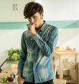 Gratis verzending mannen 2015 mode denim Splicing shirt