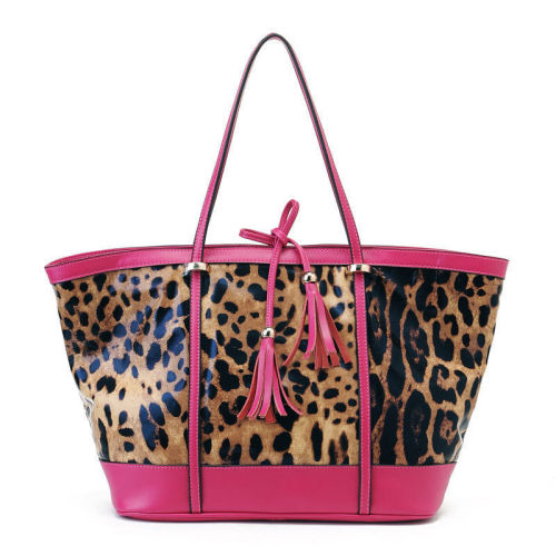 Leopard Print Pink Womens Leather Handbag Elegance &amp; Big , Zipper Closure