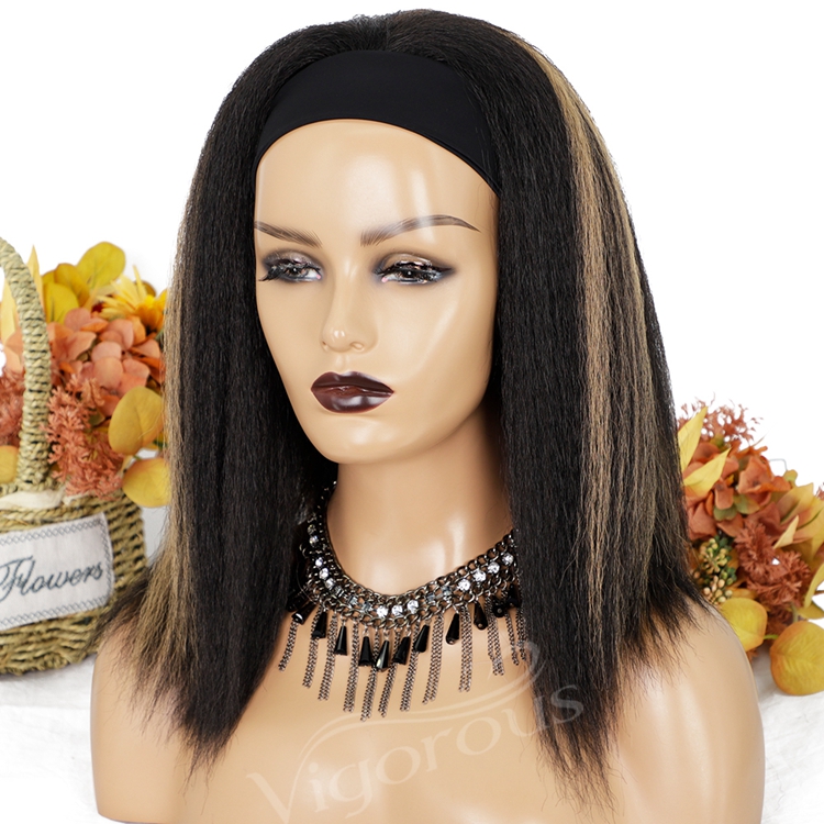 Hot Vendor Natural Hair Headband Wig Highlight Blonde Yaki Curly Synthetic Hair Women's Wigs Machine Made Glueless None Lace Wig