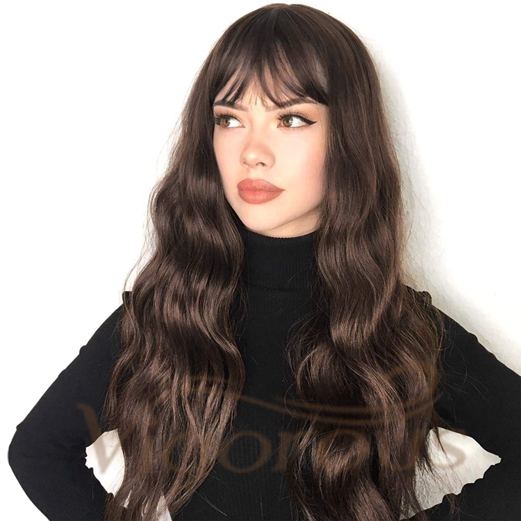 Vigorous Top Selling Vendors Long Body Wave Black With Bangs High Temperature Fiber Cosplay For Black Women Synthetic Hair Wigs