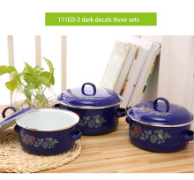 3PCS Dark Decals Two Handle Flower Enamel Pot