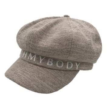 Beige Embroidered Jersey Ladies Baker Boy Hat with Adjustable Cap
