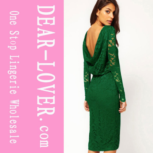 Lace with Cowl Back and Split Green Sexy MIDI Dress