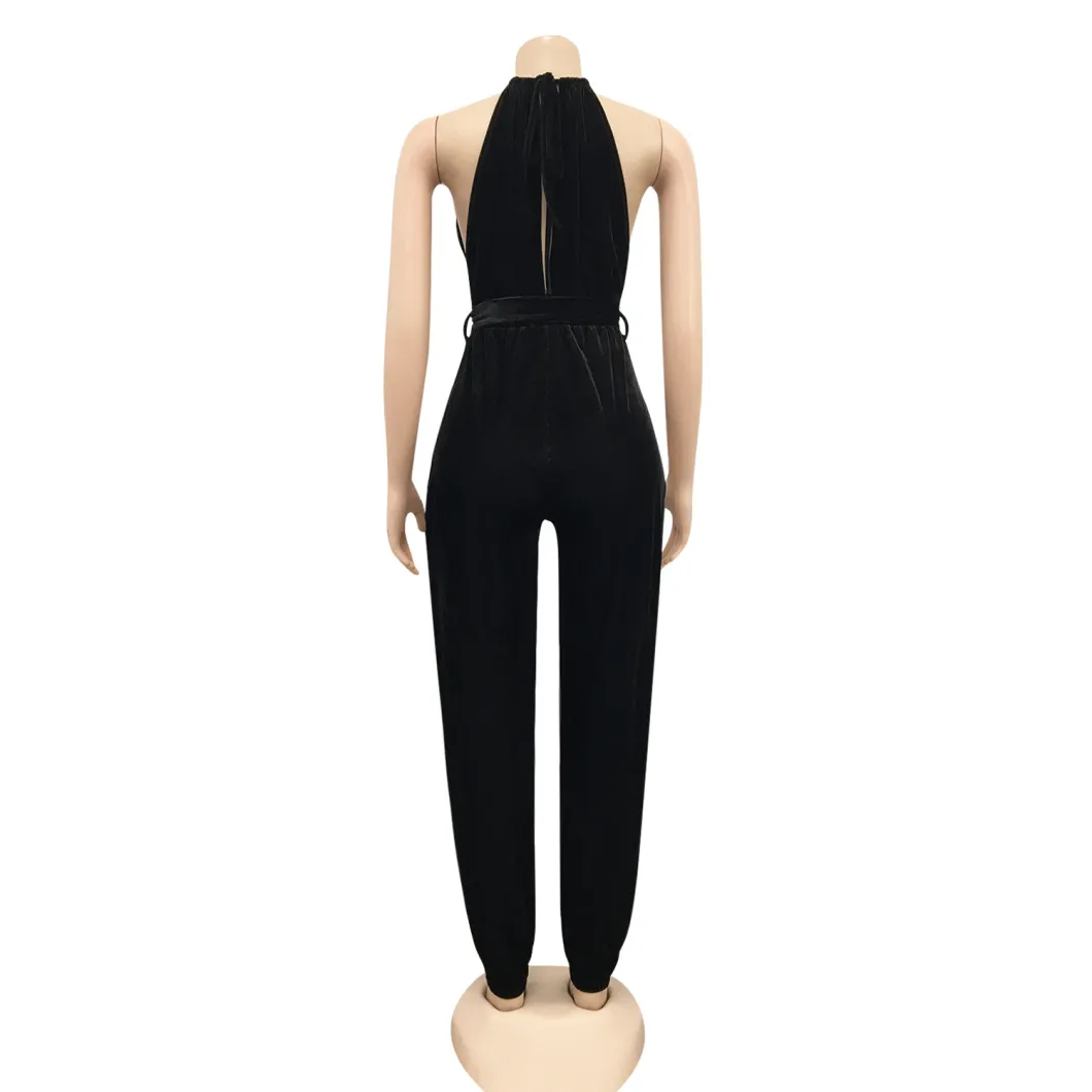 2021 Trending Stylish Cotton Blend Clubwear Sexy Hollow out High Split Haltered Jumpsuit