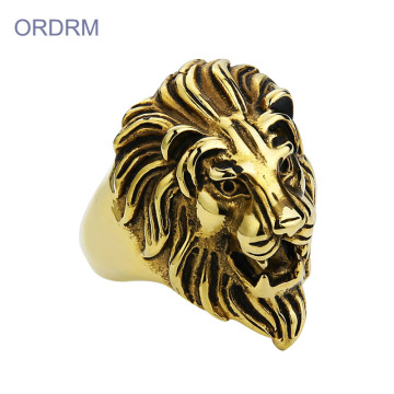 Stainless Steel Punk Mens Gold Lion Head Ring