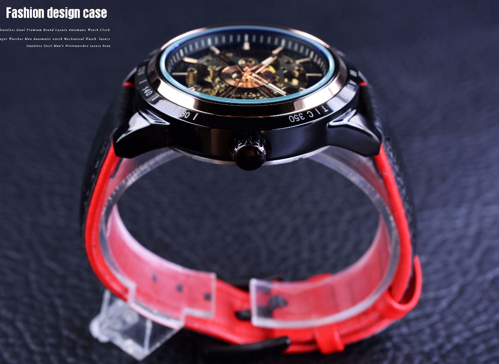 Top Brand Luxury Mens Forsining Motorcycle Design Transparent Genuine Strap Waterproof Skeleton Men Automatic Watches Clock