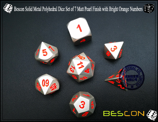 Bescon Solid Metal Polyhedral Dice Set of 7 Matt Pearl Finish with Bright Orange Numbers-3 Bescon Solid Metal Polyhedral Dice Set of 7 Matt Pearl Finish with Bright Orange Numbers-3