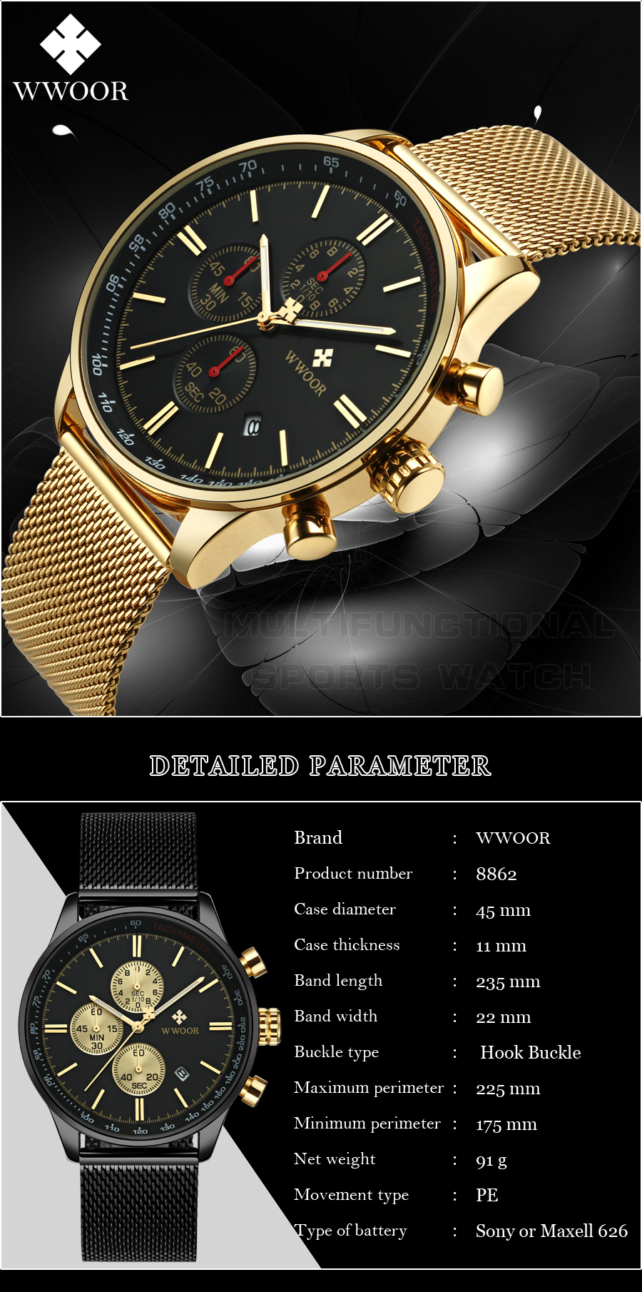 WWOOR 8862 Stylish Waterproof Multi-function Sports Quartz Watch Men Stainless Steel Band Three Eyes Watch Chronograph