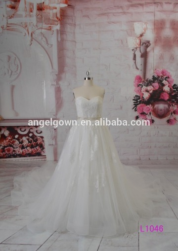 L1046 sweetheart necklin lace long train appliue lace 2016 design wedding dress