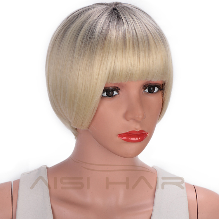 Aisi Hair Short Bob Wigs Heat Resistant Synthetic Fiber Ombre Blonde Straight Short Bob Wigs with Neat Bangs for Women