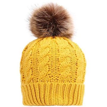 Hand Knit Hat Beanie Cap Headwear with Fur POM POM