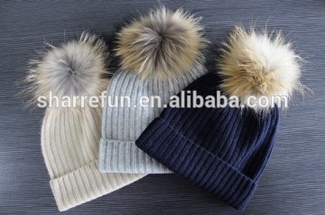 Factory wholesale 91colors knitted cashmere raccoon fur bobble beanie hats