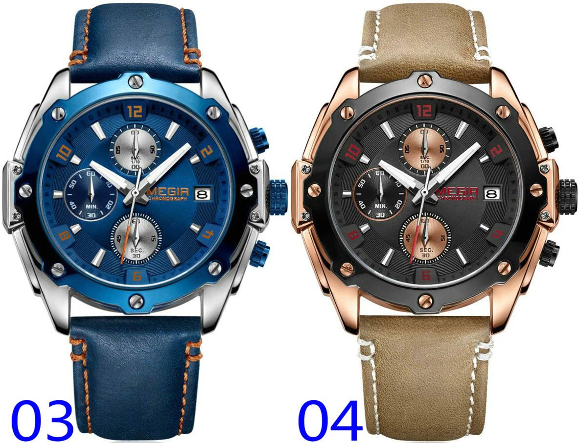 MEGIR 2074 Men Quartz Movement Wristwatches Fashion&Casual Auto Date Leather Band Alloy Case