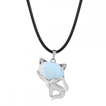Opalite Luck Fox Necklace for Women Men Healing Energy Crystal Amulet Animal Pendant Gemstone Jewelry Gifts