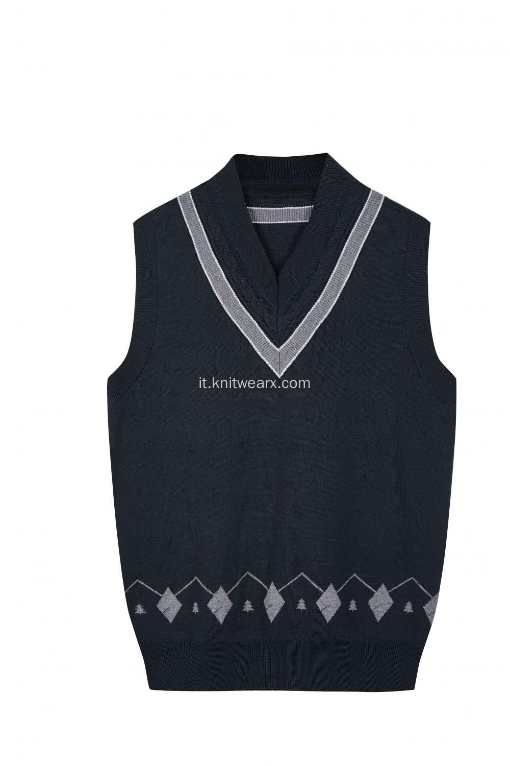 Gilet da scuola da bambino in maglia a trecce con collo a righe a contrasto