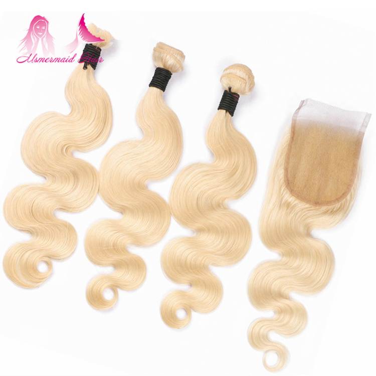 high quality virgin malaysian hair color 613 blonde body wave hair 3 bundles with 4*4 lace closure