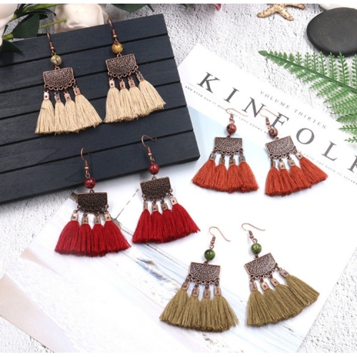 Women dangle chandelier tassel Pendant Earrings fashion retro Bohemian national style metal brand wool wheat natural agate stud