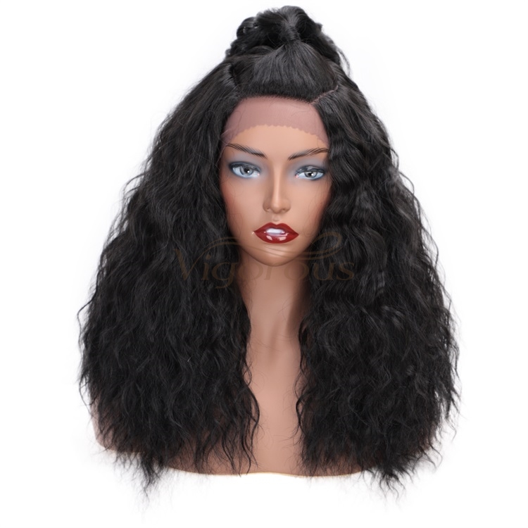 Vigorous Natural Black Synthetic Lace Front Wigs Long Water Wave Heat Resistant Fiber Hair Wigs for African Americans