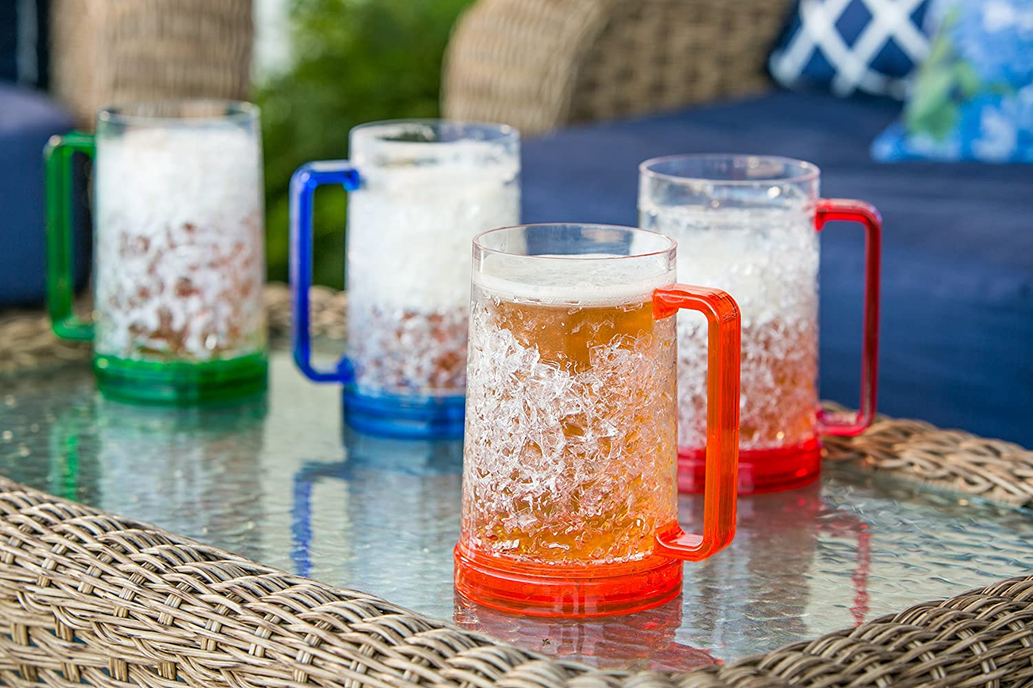 Double Wall Gel Frosty Beer Mugs, Freezer Ice Mugs, Drinking Glasses 16oz, Clear Set of 4, Assorted Colors (Red, Yellow, Blue, O