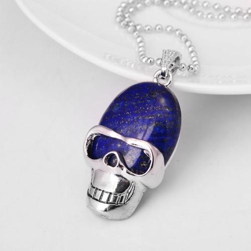 Lapis Lazuli Skull Gemstone Pendant Necklace with Silver chain