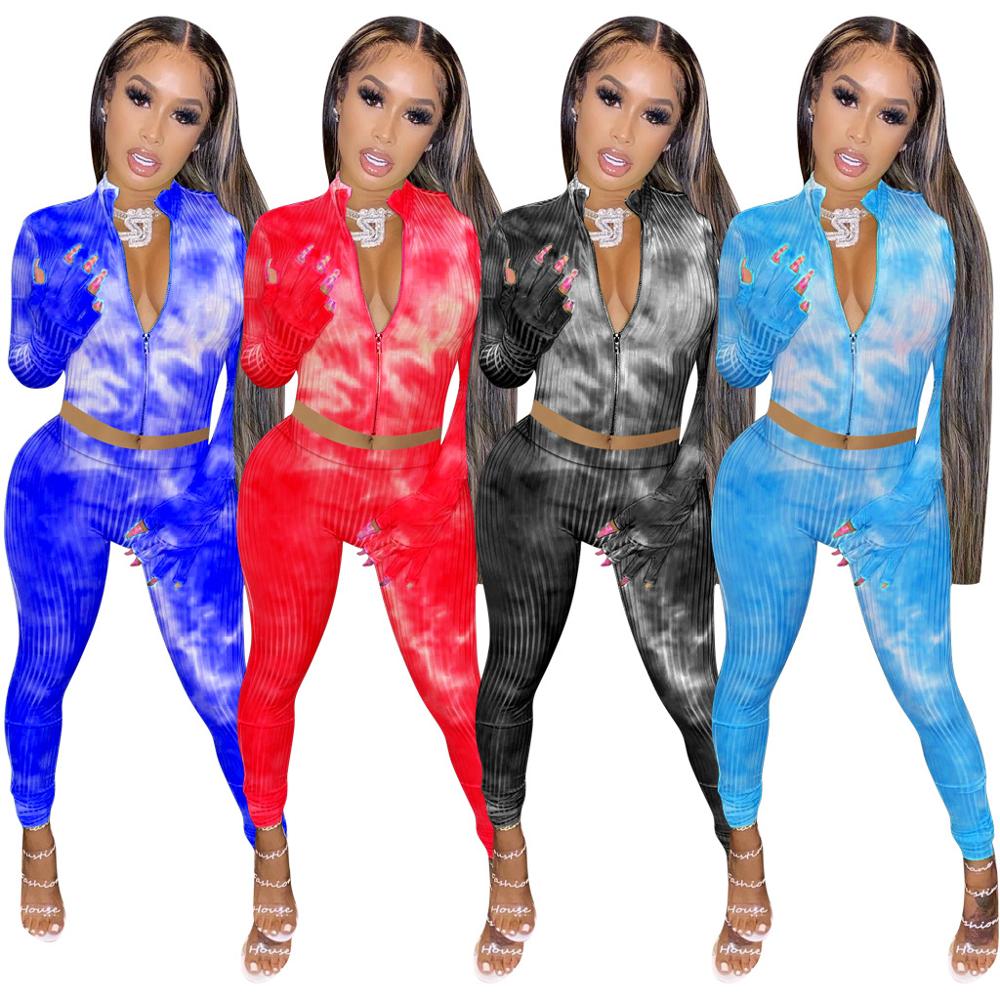 C7542 2020 Fall Aesthetic Clothes Women Tie Dye Jogger Long Sleeve Cover Fingers Outfits For Women 2 Piece Tracksuit Set