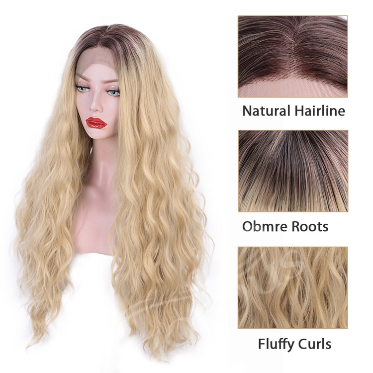 Vigorous Ombre Blonde Lace Front 26 Inch Long Wavy Blonde for Women Curly Blonde Hair Full Wig Synthetic