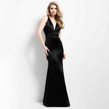 Deep v-neck black satin plus size women maxi dress long one piece dress