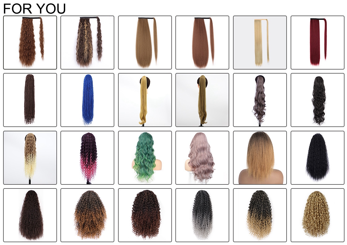 Vigorous long loose wave natural  curly  clip in wrap around drawstring puff high ponytail hai extensions synthetic