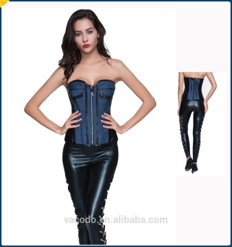 Women Latex Slimming Corset Blue Corset PU Micro Fiber Zipper Navy Blue Corset