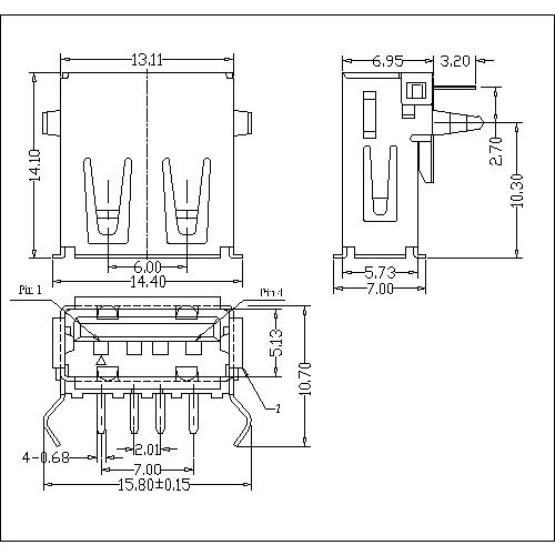 UAFR01 1-USB A Type Receptacle Angle DIP 