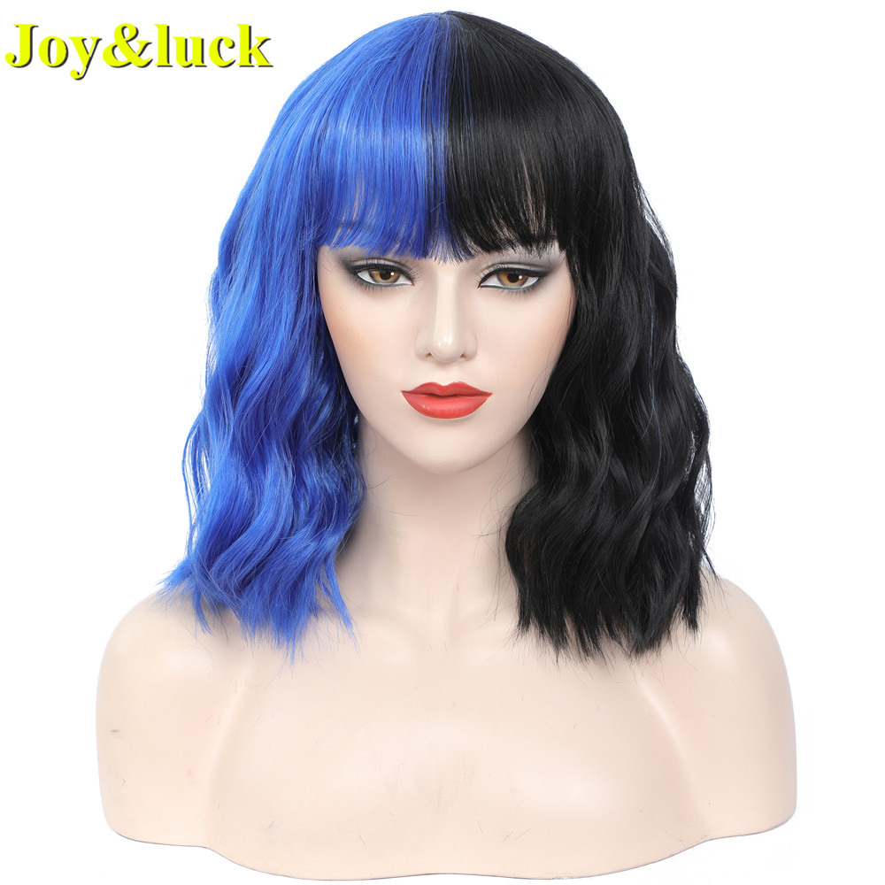 Women's Wholesale Prices Half Red Half Black Party Ladies Cosplay Wigs With Bangs Short Natural Water Wave Synthetic Hair Wigs