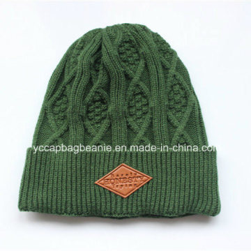 100%Acrylic Cable Leather Patch Knitted Beanie