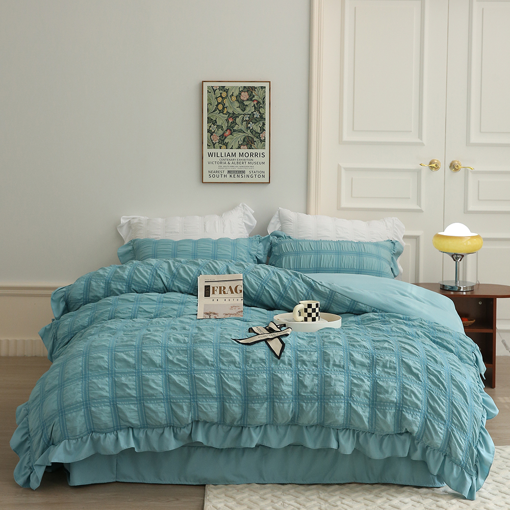 Blue seersucker duvet cover bedding queen solid