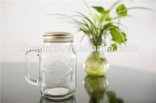 Square glass food mason jar with metal lid,handle and customized embossment