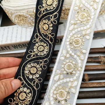 High Quality Gold Ribbon embroidery gem flower webbing