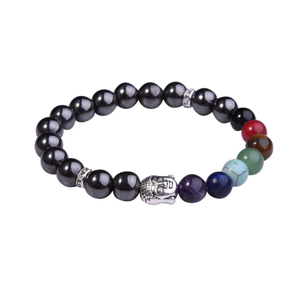 Pulsera de hematita de cristal de Chakra 7 piedras preciosas de budismo y Buda de aleación