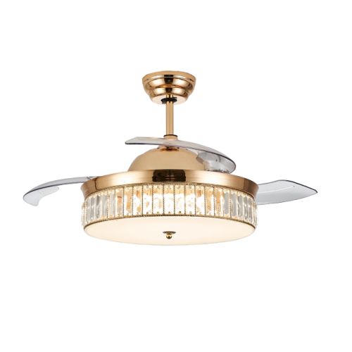 Gold Modern Retractable Fan Lamp with Crystal Lampshade