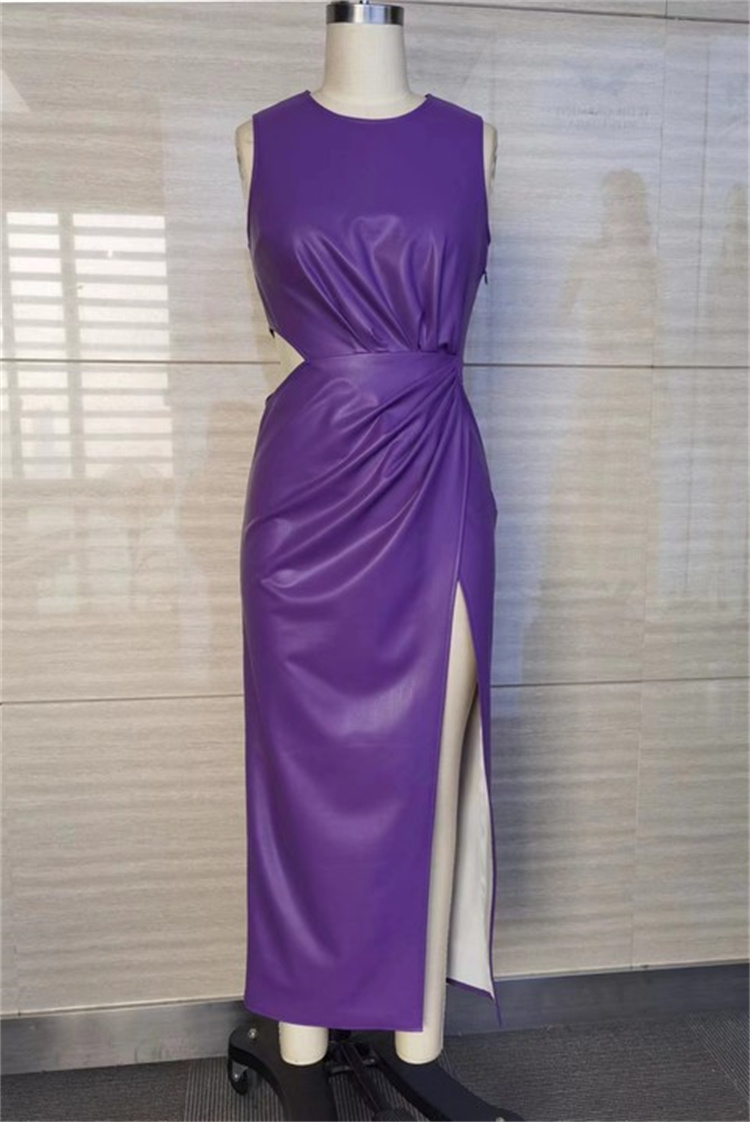 Ladies Sleeveless Sexy Slim Split Purple PU Dress