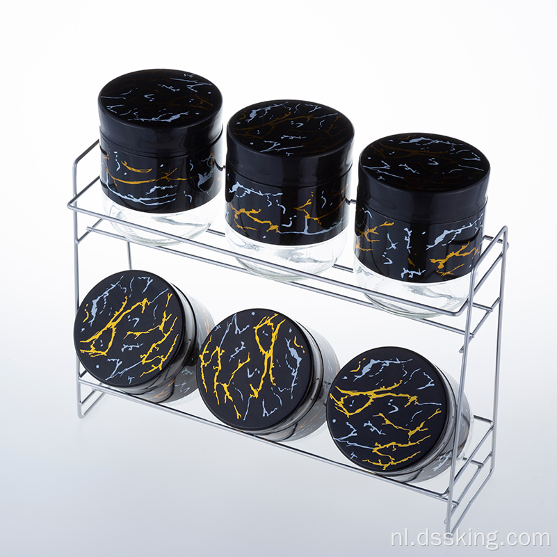 Zwart gouden printen 6-delige set 400 ml Jar Glass Voedsel Opslag Glazen Noten Keuken Voedsel Opslagglas Jar