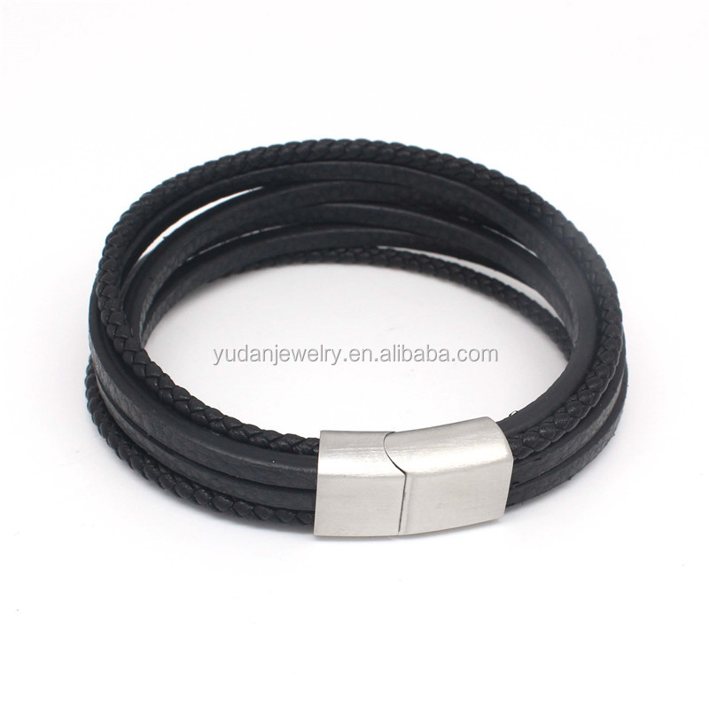 Men Jewelry Braided Genuine Leather Stainless Steel Bracelet