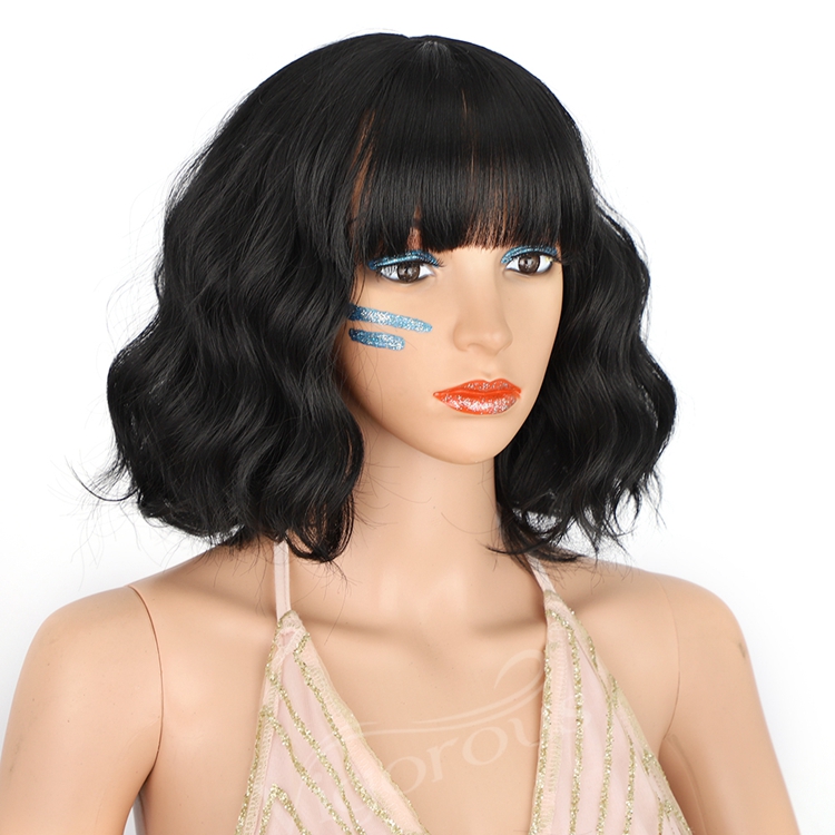 Top Sale Vendor Short Wavy Wig Bangs Synthetic Wigs for Women Natural Color Hair Bob Wigs Heat Resistant Fiber
